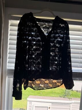 Zara Black Sheer Lace Button-Up Blouse